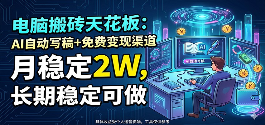电脑搬砖天花板：AI自动写稿+免费变现渠道，月稳定2W，长期稳定可做-二当家网创资源站