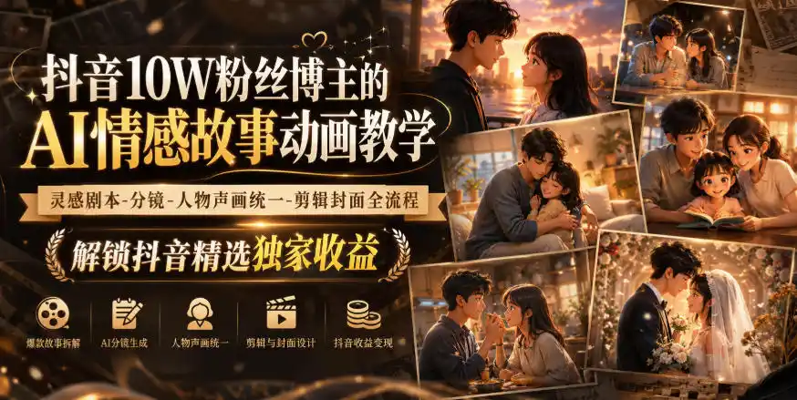 抖音10W粉丝博主的AI情感故事动画教学,灵感剧本‑分镜‑人物声画统一‑剪辑封面全流程,解锁抖音精选独家收益-二当家网创资源站