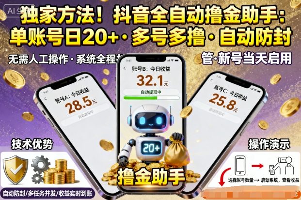 独家方法！最新抖音系列全自动挂G撸金助手，单账号一天20+，多号多撸，自动防封【揭秘】-二当家网创资源站