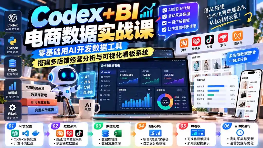 Codex+BI电商数据实战课:零基础用AI开发数据工具,搭建多店铺经营分析与可视化看板系统-二当家网创资源站