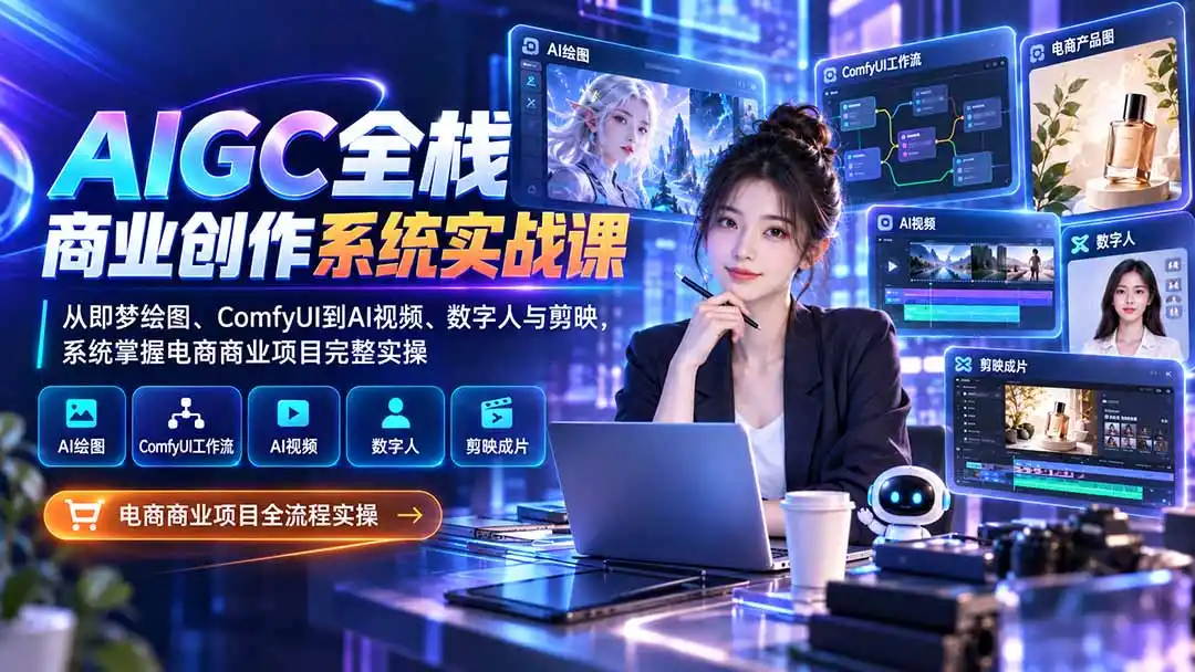 AIGC全栈商业创作系统实战课-无水印：从即梦绘图、ComfyUI到AI视频、数字人与剪映，系统掌握电商商业项目完整实操-二当家网创资源站