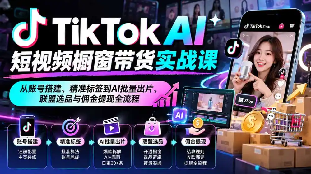 TikTok AI短视频橱窗带货实战课:从账号搭建、精准标签到AI批量出片、联盟选品与佣金提现全流程-二当家网创资源站