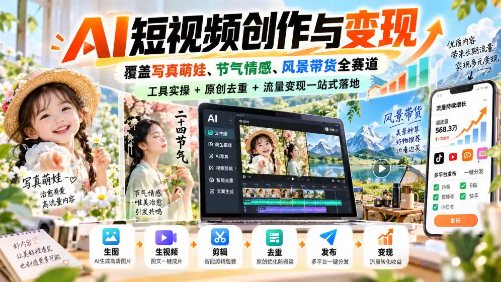 AI短视频创作与变现,覆盖写真萌娃、节气情感、风景带货全赛道,工具实操+原创去重+流量变现一站式落地-二当家网创资源站