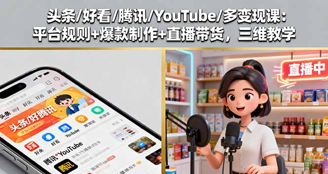 头条/好看/腾讯/YouTube/多变现课：平台规则+爆款制作+直播带货，三维教学-二当家网创资源站