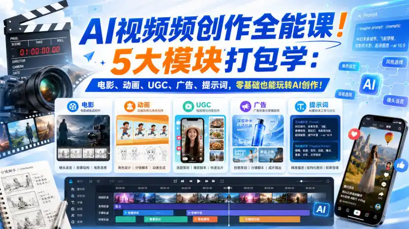AI视频频创作全能课！5大模块打包学：电影、动画、UGC、广告、提示词，零基础也能玩转AI创作！【原创双语字幕】-二当家网创资源站