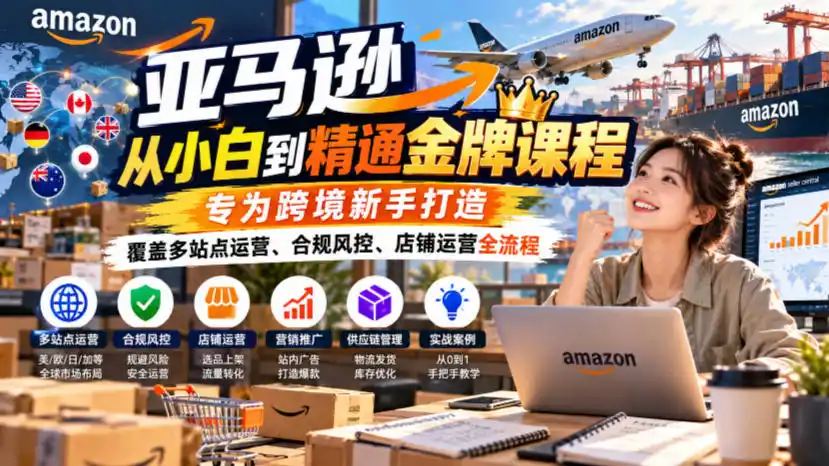 亚马逊从小白到精通金牌课程，专为跨境新手打造，覆盖多站点运营、合规风控、店铺运营全流程-二当家网创资源站