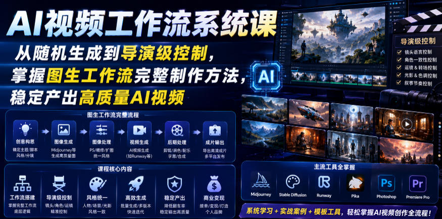 AI视频工作流系统课，从随机生成到导演级控制，掌握图生工作流完整制作方法，稳定产出高质量AI视频-二当家网创资源站