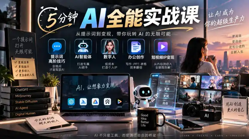 5分钟AI全能实战课|提示词高阶技巧+AI智能体+数字人+办公创作+短视频IP变现全教程-二当家网创资源站