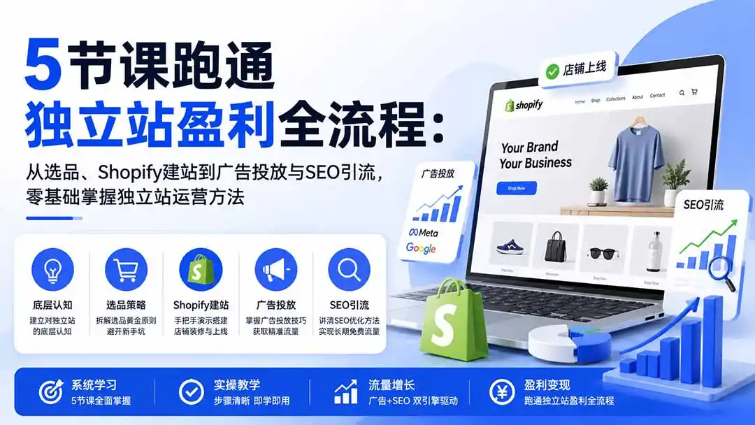 5节课跑通独立站盈利全流程：从选品、Shopify建站到广告投放与SEO引流，零基础掌握独立站运营方法-二当家网创资源站