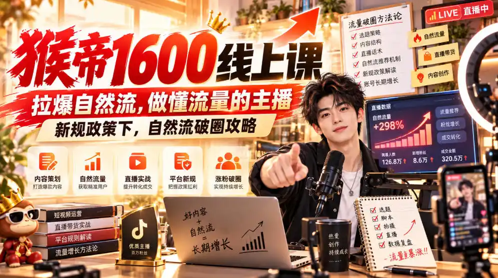 猴帝1600线上课,拉爆自然流,做懂流量的主播,新规政策下,自然流破圈攻略【更新260926】-二当家网创资源站