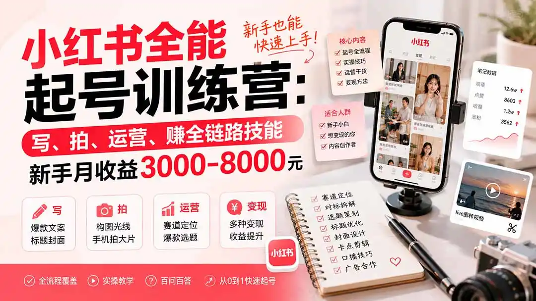 小红书全能起号训练营-更新：写、拍、运营、赚全链路技能，新手月收益3000-8000元-二当家网创资源站