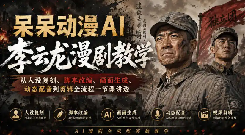 呆呆动漫AI李云龙漫剧教学,从人设复刻、脚本改编、画面生成、动态配音到剪辑全流程一节课讲透-二当家网创资源站