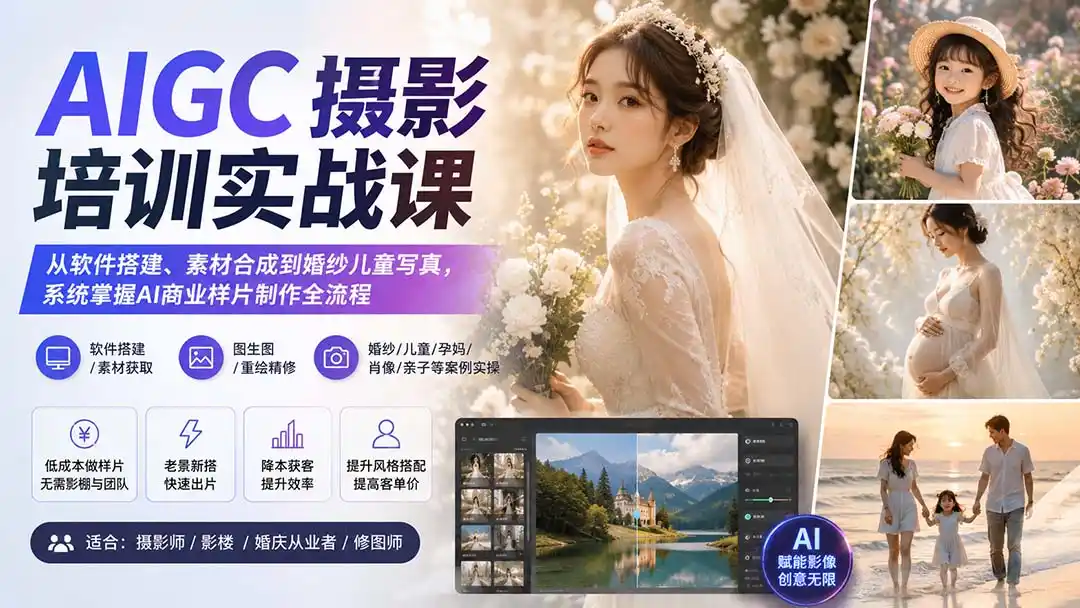AIGC摄影培训实战课:从软件搭建、素材合成到婚纱儿童写真,系统掌握AI商业样片制作全流程-二当家网创资源站