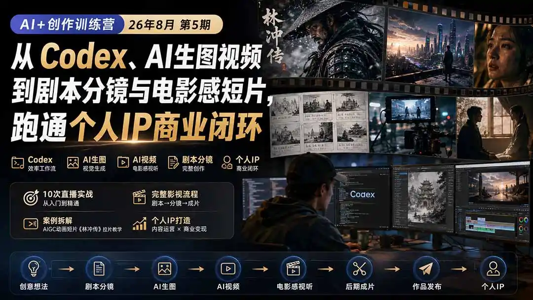 AI+创作训练营26年8月第5期:从Codex、AI生图视频到剧本分镜与电影感短片,跑通个人IP商业闭环-二当家网创资源站