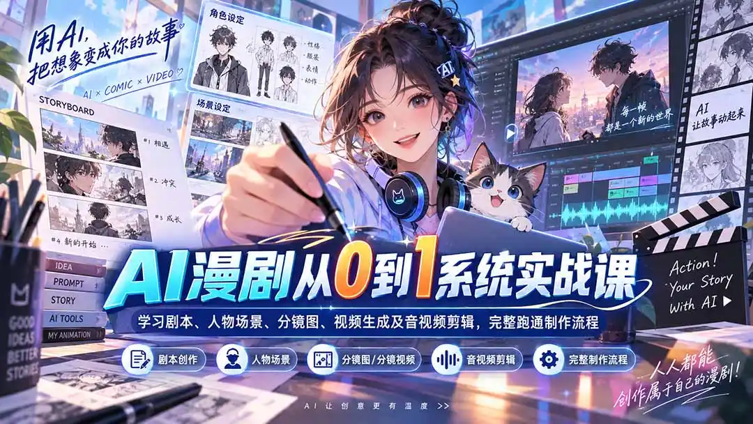 AI漫剧从0到1系统实战课:学习剧本、人物场景、分镜图、视频生成及音视频剪辑,完整跑通制作流程-二当家网创资源站