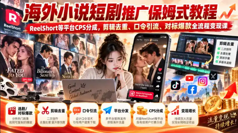 海外小说短剧推广保姆式教程|ReelShort等平台CPS分成,剪辑去重、口令引流、对标爆款全流程变现课-二当家网创资源站