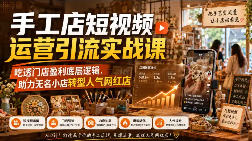 手工店短视频运营引流实战课,吃透门店盈利底层逻辑,助力无名小店转型人气网红店-二当家网创资源站