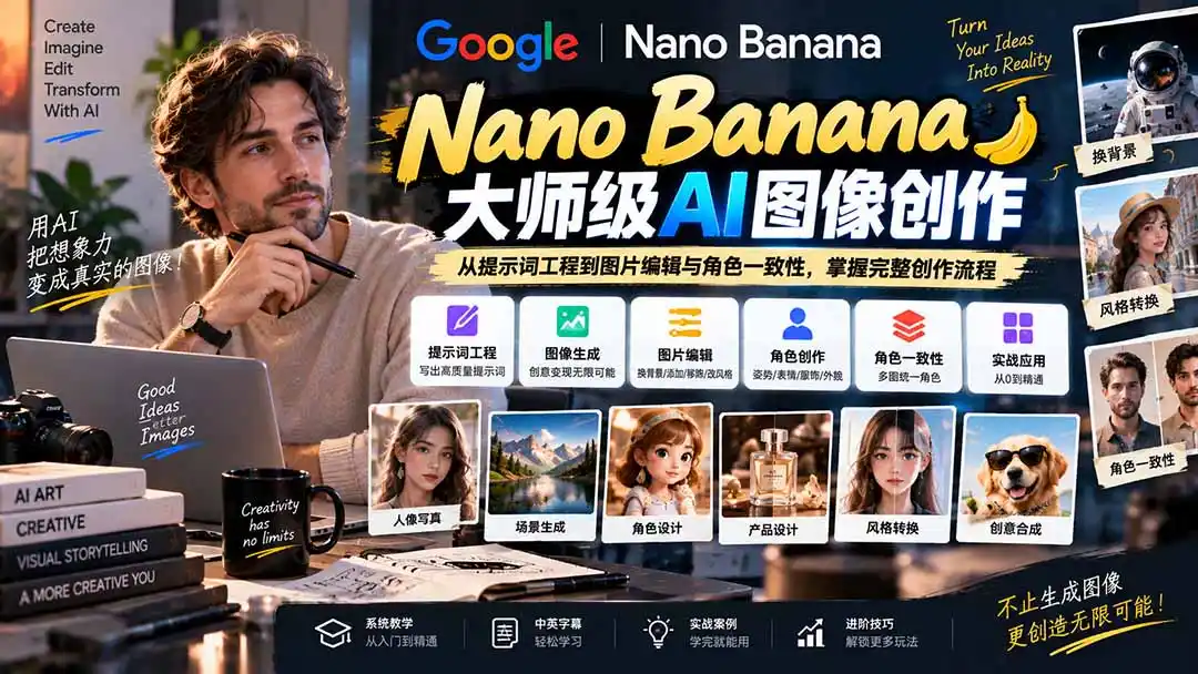 【无水印】Nano Banana大师级AI图像实战课:从提示词工程到图片编辑与角色一致性,掌握完整创作流程-二当家网创资源站