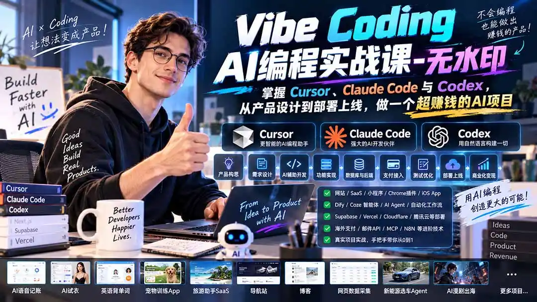 Vibe Coding AI编程实战课-无水印：掌握Cursor、Claude Code与Codex，从产品设计到部署上线，做一个超赚钱的AI项目-二当家网创资源站