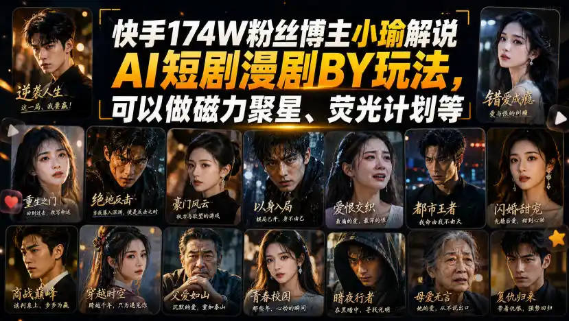 快手174W粉丝博主小瑜解说AI短剧漫剧搬运玩法,可以做磁力聚星、荧光计划等-二当家网创资源站