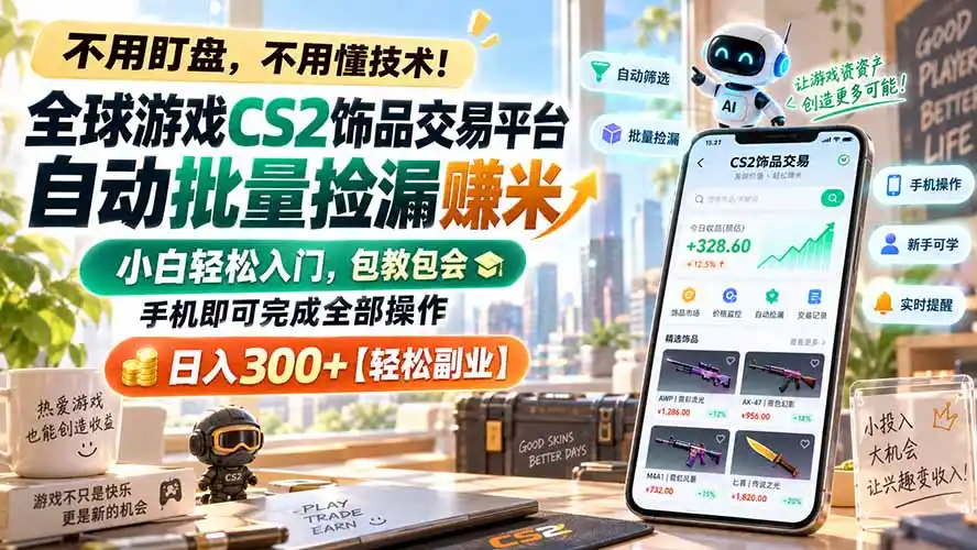 全球游戏CS2饰品交易平台自动批量捡漏赚米，小白轻松入门，包教包会，手机即可完成全部操作，日入300+【轻松副业】-二当家网创资源站