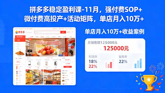拼多多稳定盈利课-11月,强付费SOP+微付费高投产+活动矩阵,单店月入10万+-二当家网创资源站