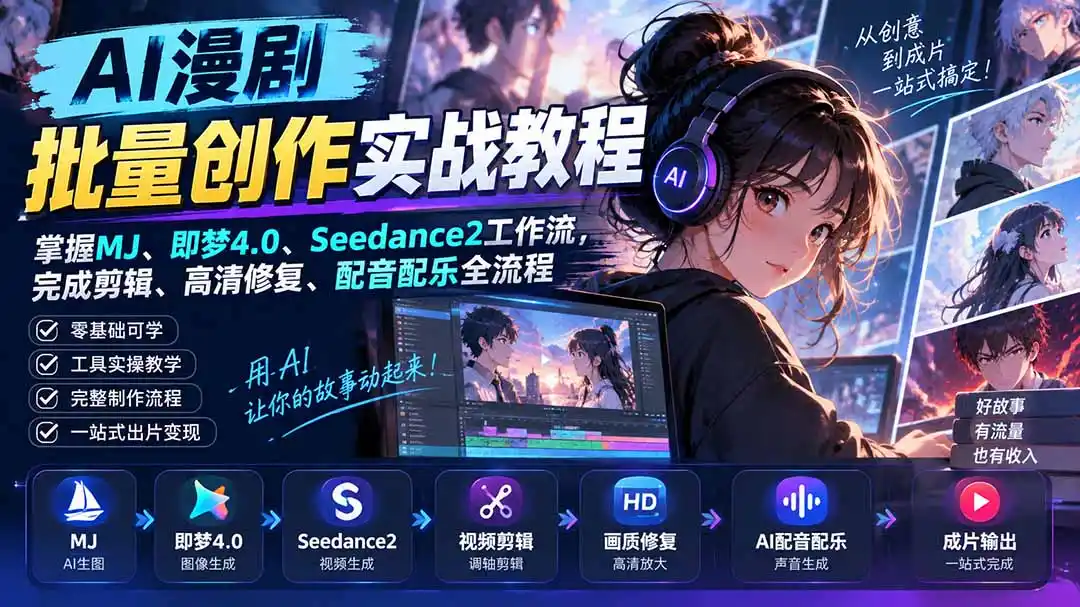 AI漫剧批量创作实战教程:掌握MJ、即梦4.0、Seedance2工作流,完成剪辑、高清修复、配音配乐全流程-二当家网创资源站