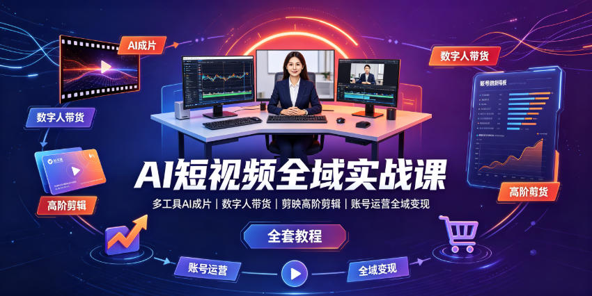 AI短视频全域实战课|多工具AI成片、数字人带货、剪映高阶剪辑、账号运营全域变现全套教程-二当家网创资源站