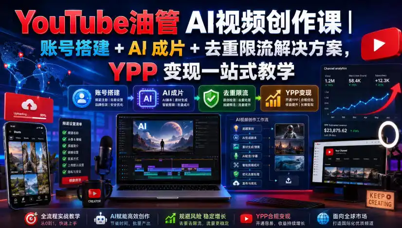 YouTube油管AI视频创作课｜账号搭建+AI成片+去重限流解决方案，YPP变现一站式教学(更新0817)-二当家网创资源站
