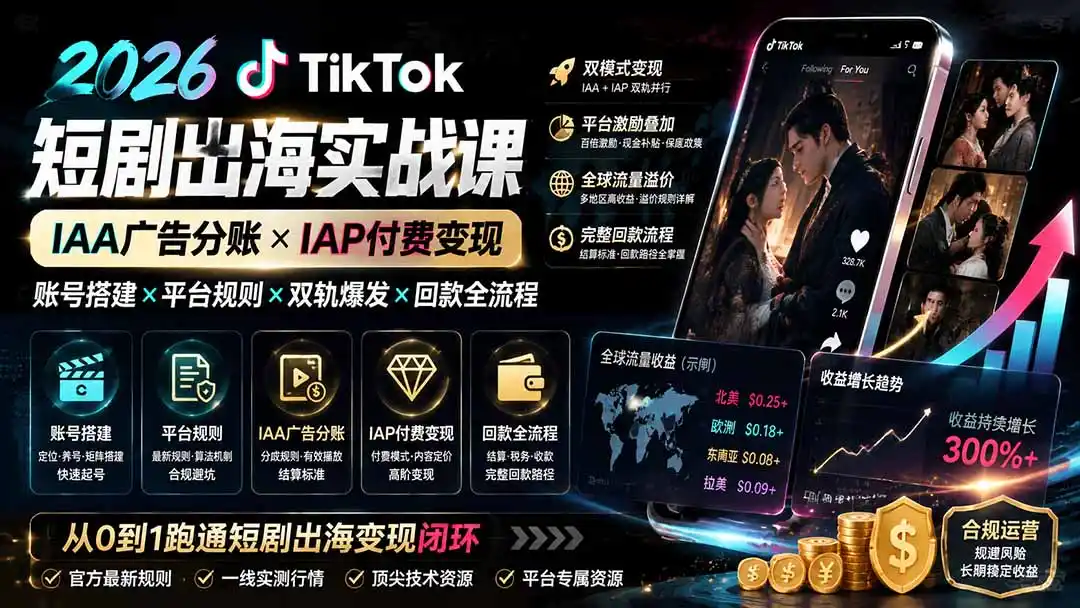 2026TikTok短剧出海实战课:IAA广告分账×IAP付费变现×账号搭建×平台规则×双轨爆发×回款全流程-二当家网创资源站