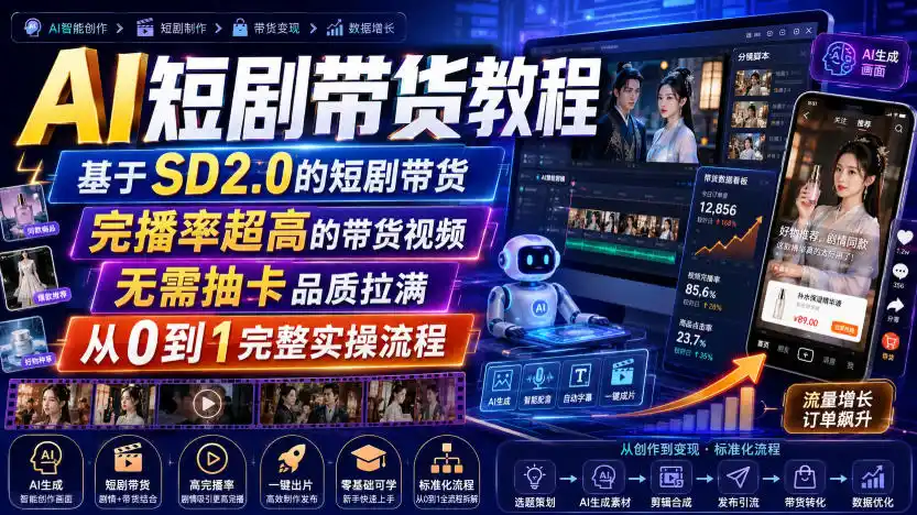 AI短剧带货教程,基于SD2.0的短剧带货,完播率超高的带货视频,无需抽卡品质拉满,从0到1完整实操流程-二当家网创资源站