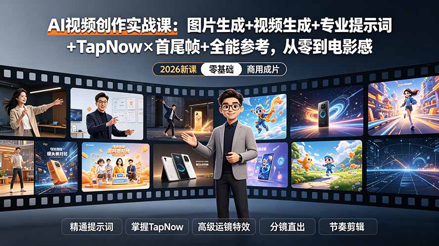 AI视频创作实战课：图片生成+视频生成+专业提示词+TapNow×首尾帧+全能参考，从零到电影感成片-二当家网创资源站