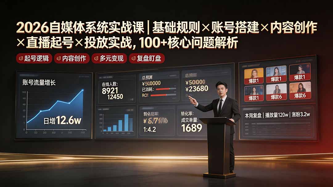 2026自媒体系统实战课|基础规则×账号搭建×内容创作×直播起号×投放实战,100+核心问题解析-二当家网创资源站