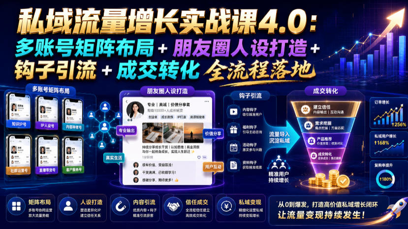 私域流量增长实战课4.0:多账号矩阵布局+朋友圈人设打造+钩子引流+成交转化全流程落地-二当家网创资源站