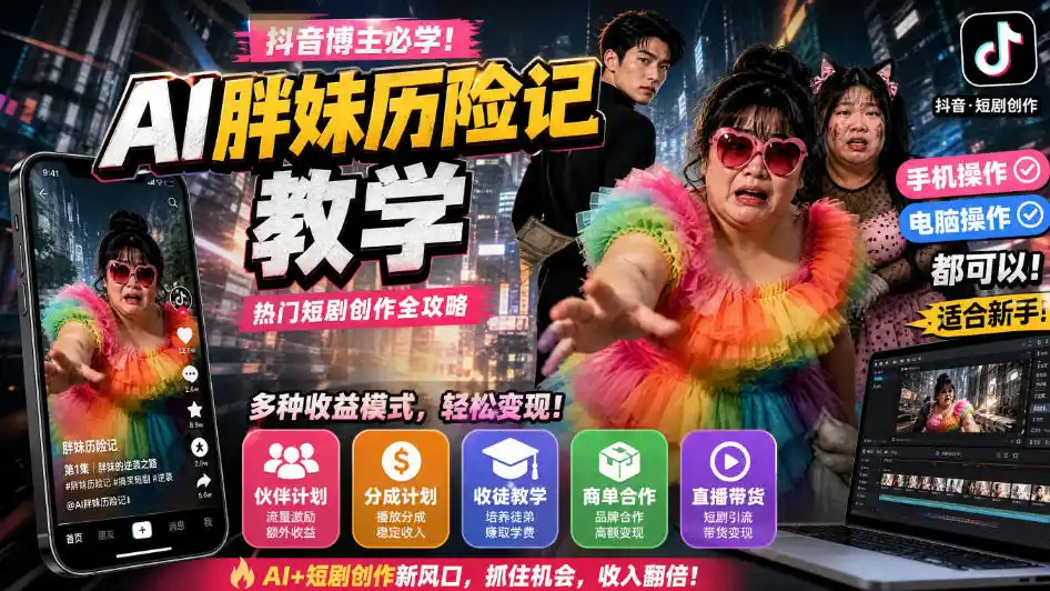 抖音博主的AI胖妹历险记教学,伙伴计划+分成计划+收徒+商单等多种收益,适合新手,手机电脑都可以操作-二当家网创资源站