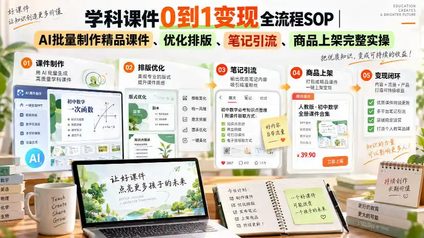 学科课件0到1变现全流程SOP|AI批量制作精品课件、优化排版、笔记引流、商品上架完整实操-二当家网创资源站