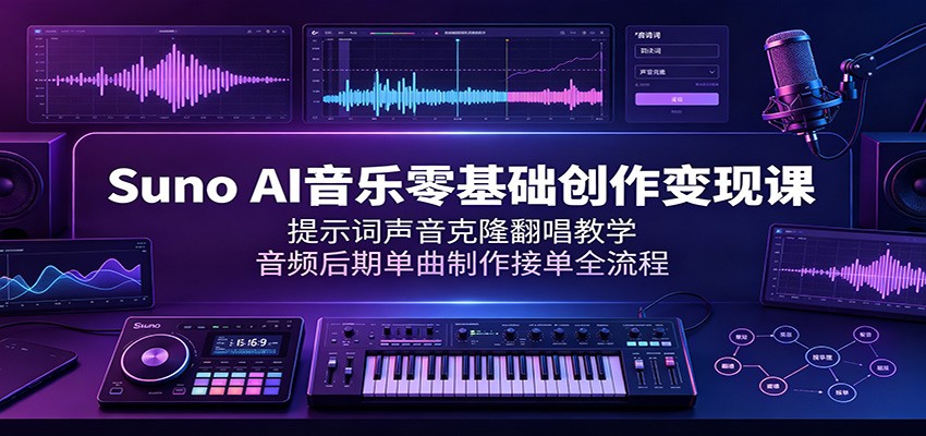 Suno AI音乐零基础创作变现课：提示词声音克隆翻唱教学，音频后期单曲制作接单全流程-二当家网创资源站
