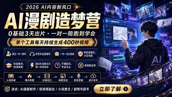 AI漫剧造梦营:0基础3天出片,单个工具每天持续生成400秒视频-二当家网创资源站
