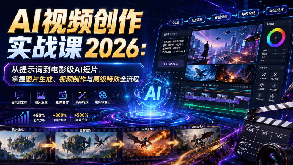AI视频创作实战课2026:从提示词到电影级AI短片,掌握图片生成、视频制作与高级特效全流程-二当家网创资源站