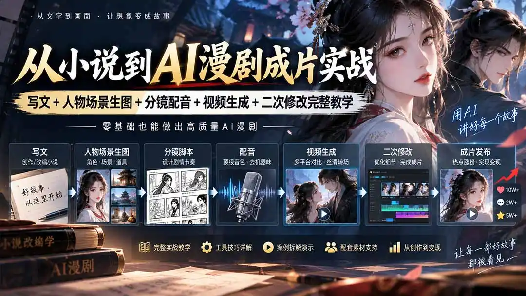 从小说到AI漫剧成片实战:写文+人物场景生图+分镜配音+视频生成+二次修改完整教学-二当家网创资源站