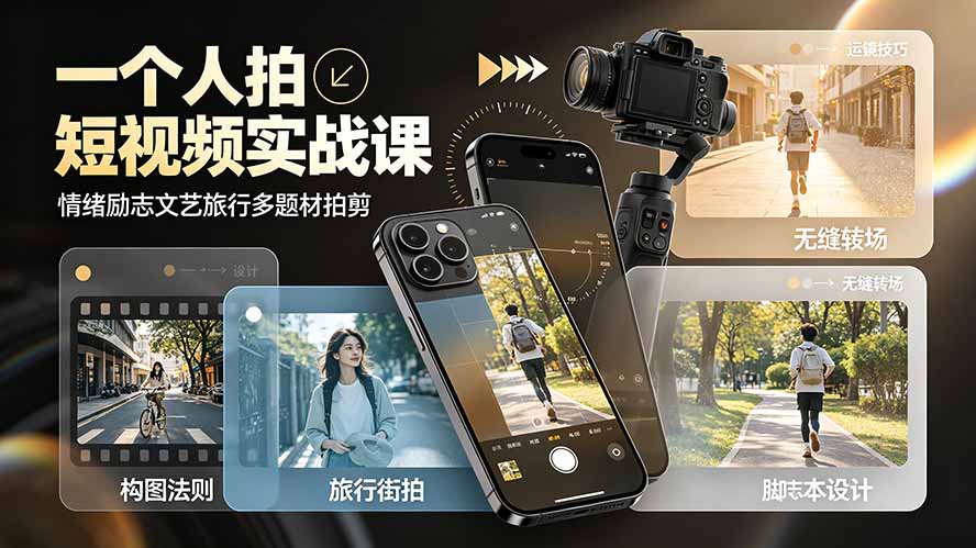 一个人拍短视频实战课：情绪励志文艺旅行多题材×五大景别×黄金构图×八大运镜，从拍摄到成片高效创作-二当家网创资源站