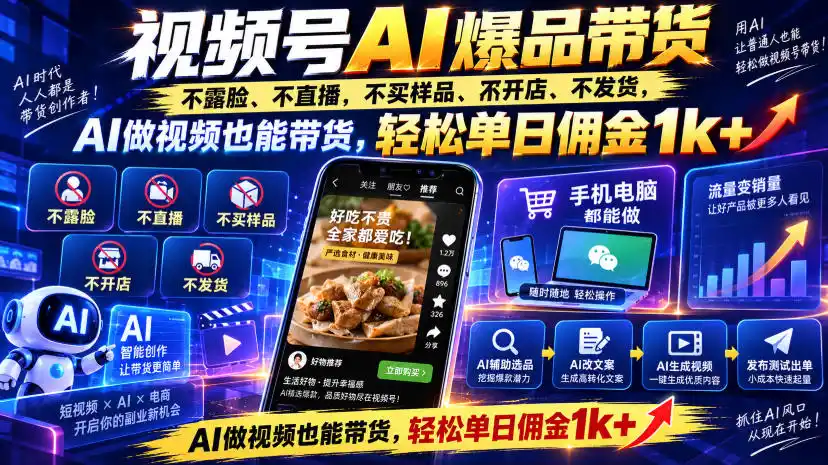 视频号Ai爆品带货，不露脸、不直播、不买样品、不开店、不发货，AI做视频也能带货，轻松单日佣金1k+-二当家网创资源站