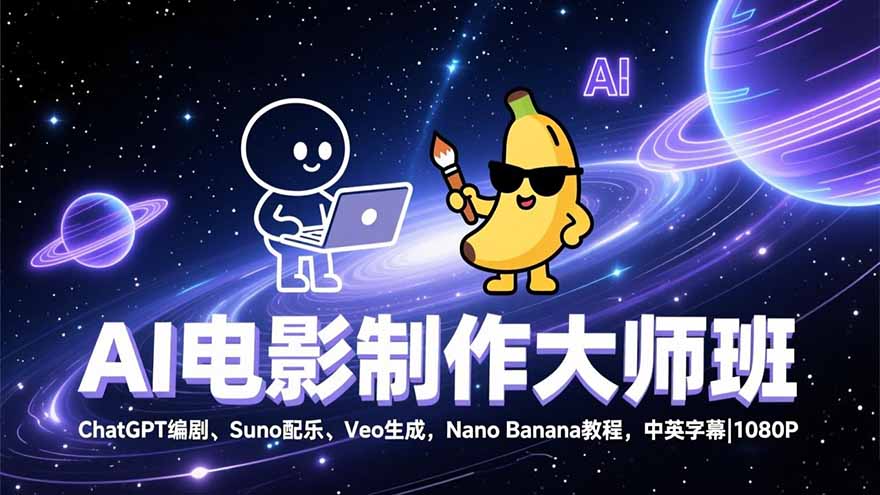 AI电影制作大师班：ChatGPT编剧、Suno配乐、Veo生成，Nano Banana教程，中英字幕|1080P-二当家网创资源站
