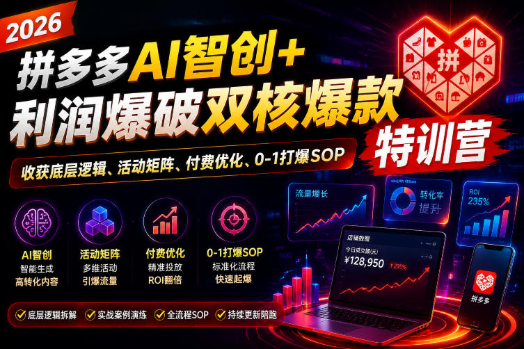 2026拼多多AI智创+利润爆破双核爆款特训营,收获底层逻辑、活动矩阵、付费优化、0-1打爆SOP-二当家网创资源站