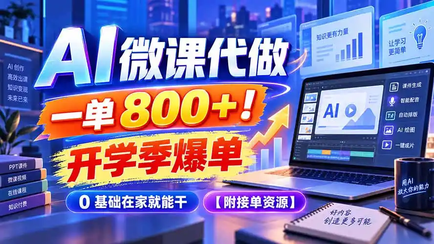 AI 微课代做,一单 800+!开学季爆单,0 基础在家就能干【附接单资源】-二当家网创资源站