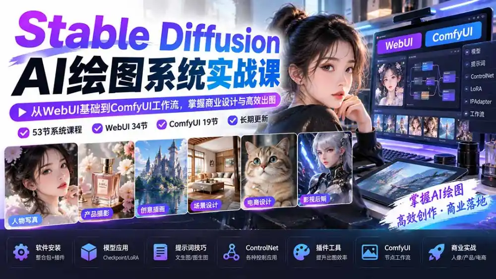【无水印】Stable Diffusion AI绘图系统实战课:从WebUI基础到ComfyUI工作流,掌握商业设计与高效出图-二当家网创资源站