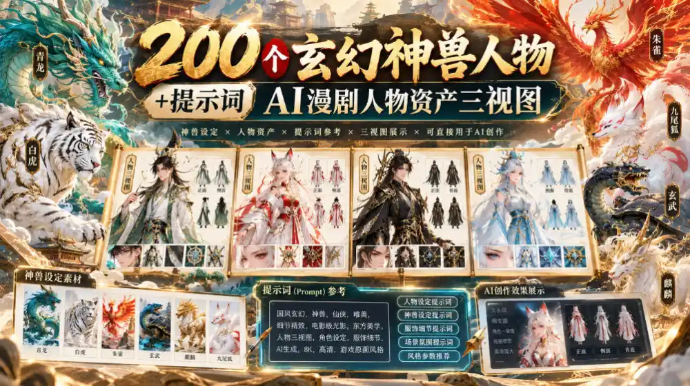 200个玄幻神兽人物+提示词ai漫剧人物资产三视图-二当家网创资源站