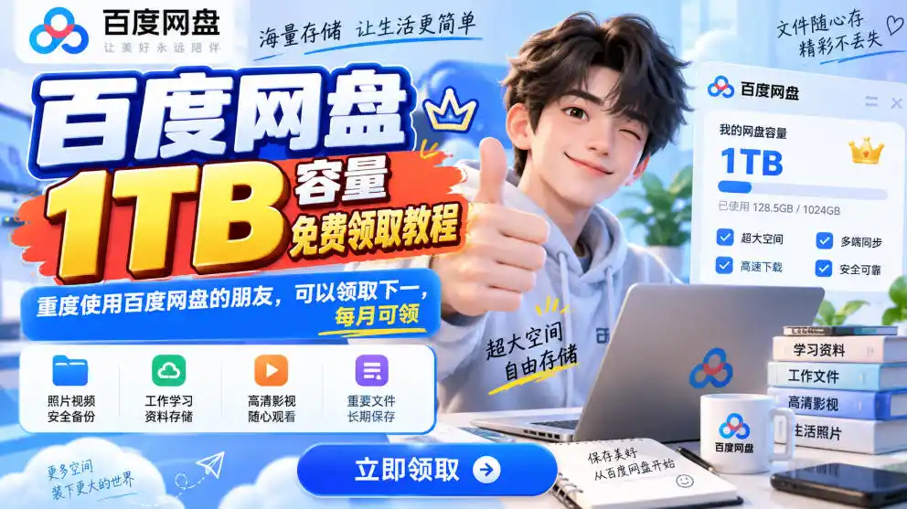 百度网盘1TB容量免费领取教程，重度使用百度网盘的朋友，可以领取下一，每月可领-二当家网创资源站