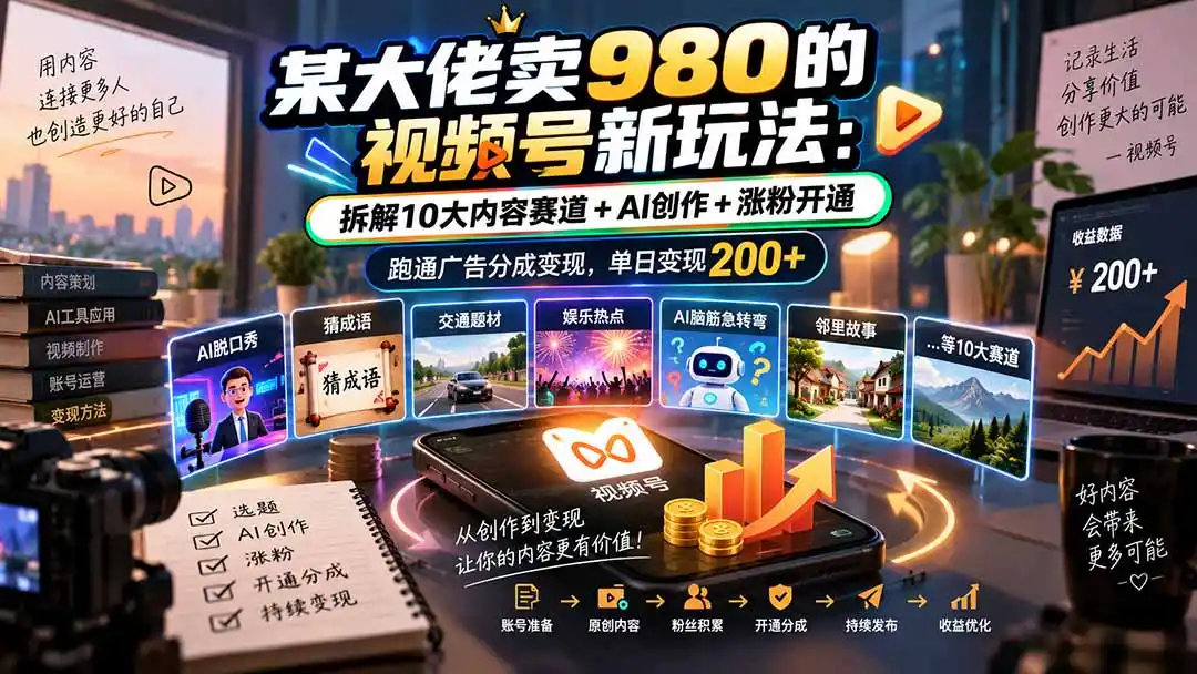 某大佬卖980的视频号新玩法:拆解10大内容赛道+AI创作+涨粉开通,跑通广告分成变现,单日变现200+-二当家网创资源站