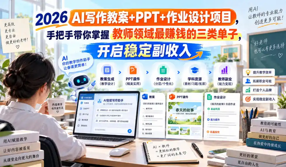 2026 AI写作教案+PPT+作业设计项目,手把手带你掌握教师领域最賺钱的三类单子,开启稳定副收入-二当家网创资源站